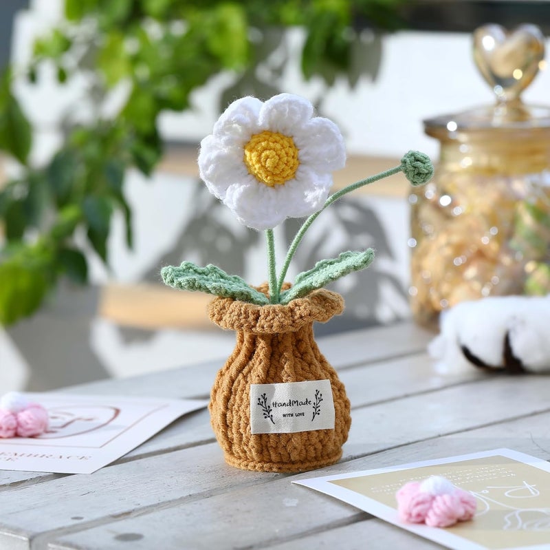 YOOJEE Christmas Crochet Flower Pot Stocking Stuffers Basket Gifts for Women Coworker Mom Teacher Friends Sister Handmade Knitted White Daisy Plant Birthday Wedding Home Holiday Cute Office Desk Decor - Image 2